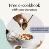 Opal pets free e-cookbook with order image with photo of homemade vegan dog food and hand scooping almond butter with gold spoon